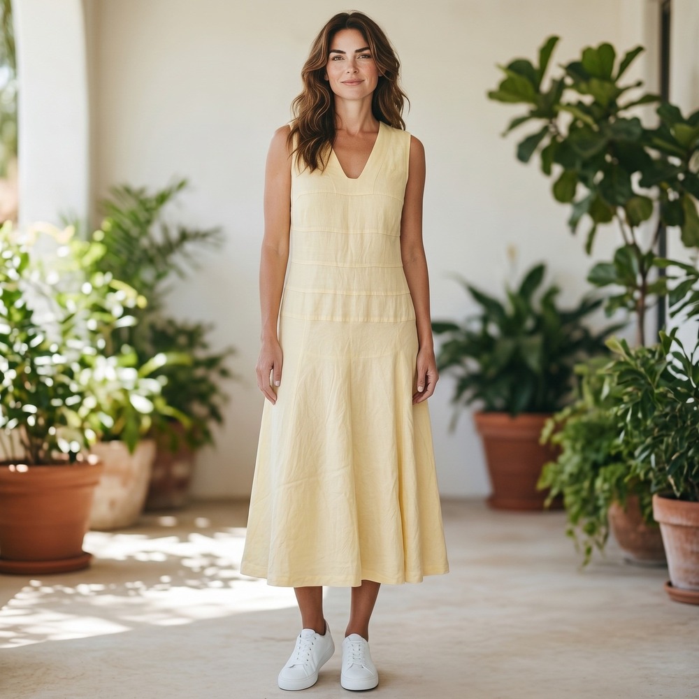 J. Peterman Womens Pale Yellow 100%‎ Linen Sleeveless V-Neck Midi Dress Size 14